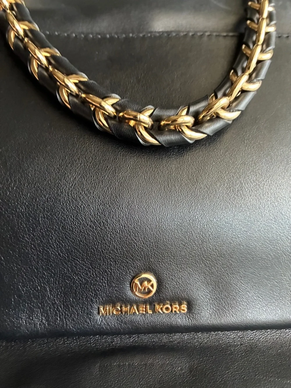 Michael Kors Black Leather Tote with Gold Chain Handles